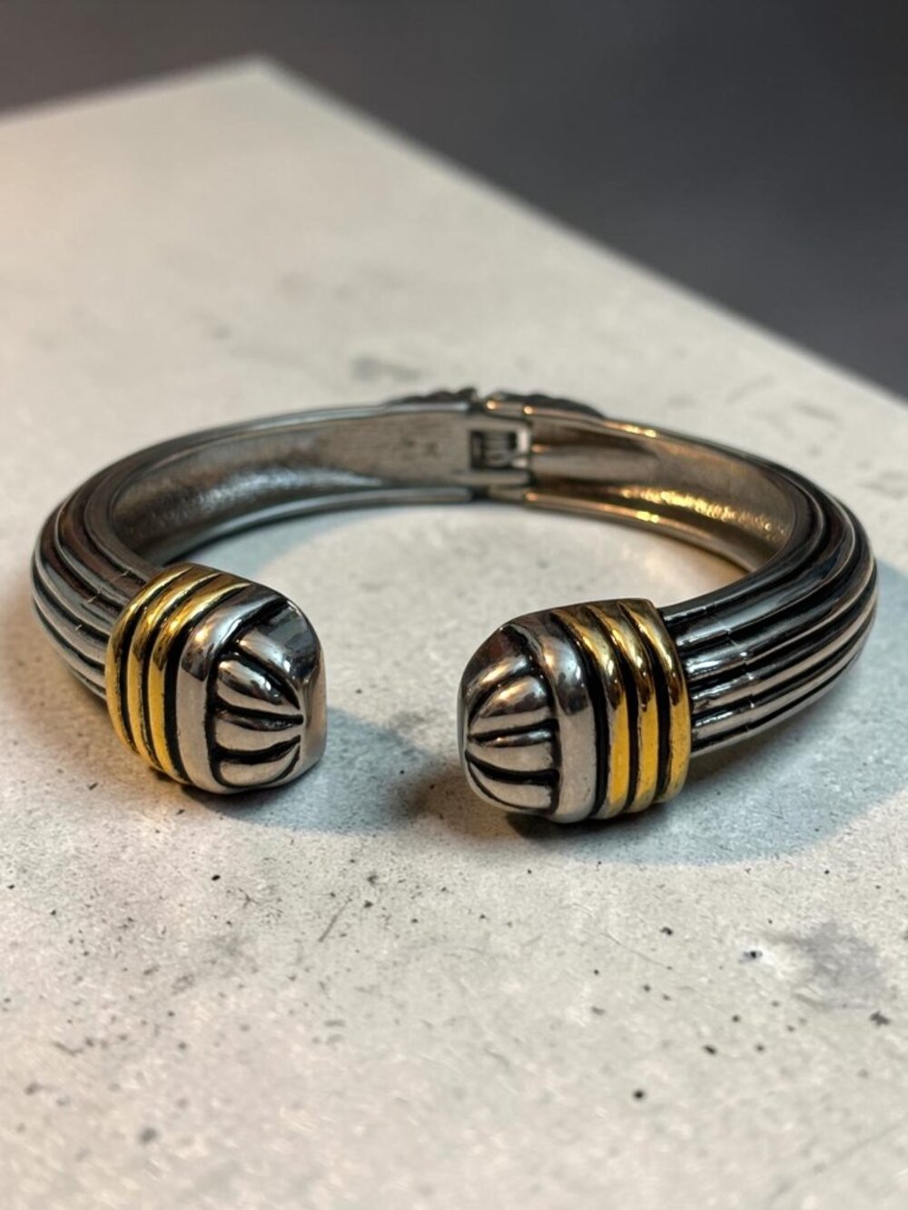 Silver & Gold-Tone Hinged Cuff Bracelet With Ribbed Textured Ends